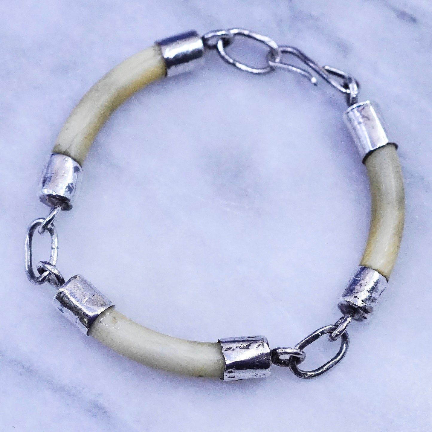 7.5”, vintage Sterling silver handmade bracelet, 925 bar with white stone tube