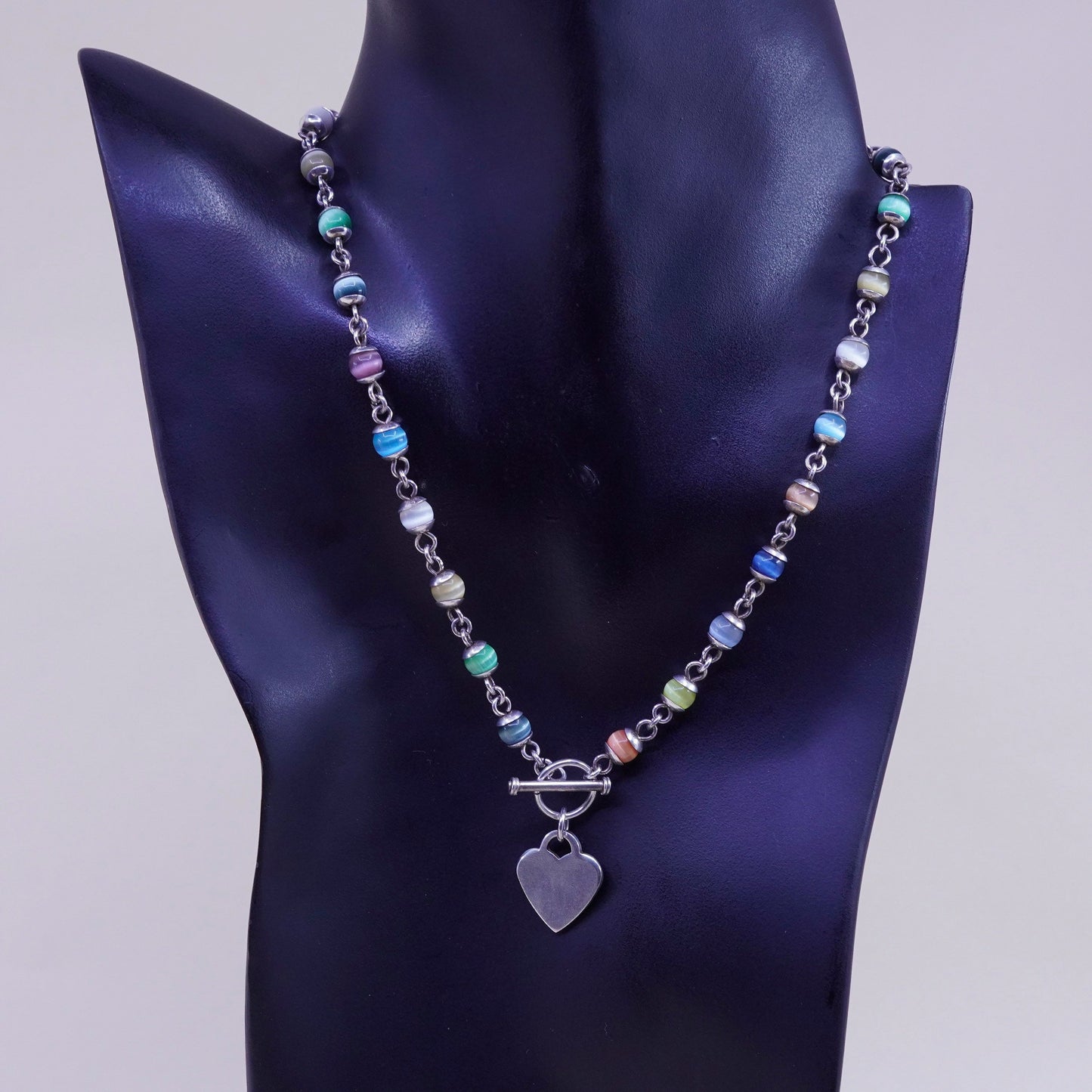 16”, sterling silver handmade necklace, colorful tiger eye beads heart charm