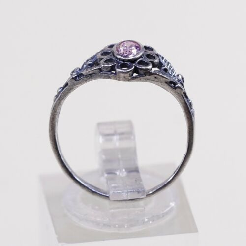 Sz 7.25, Vtg Sterling Silver Ring, 925 Silver Engagement Ring W/ pink Crystal