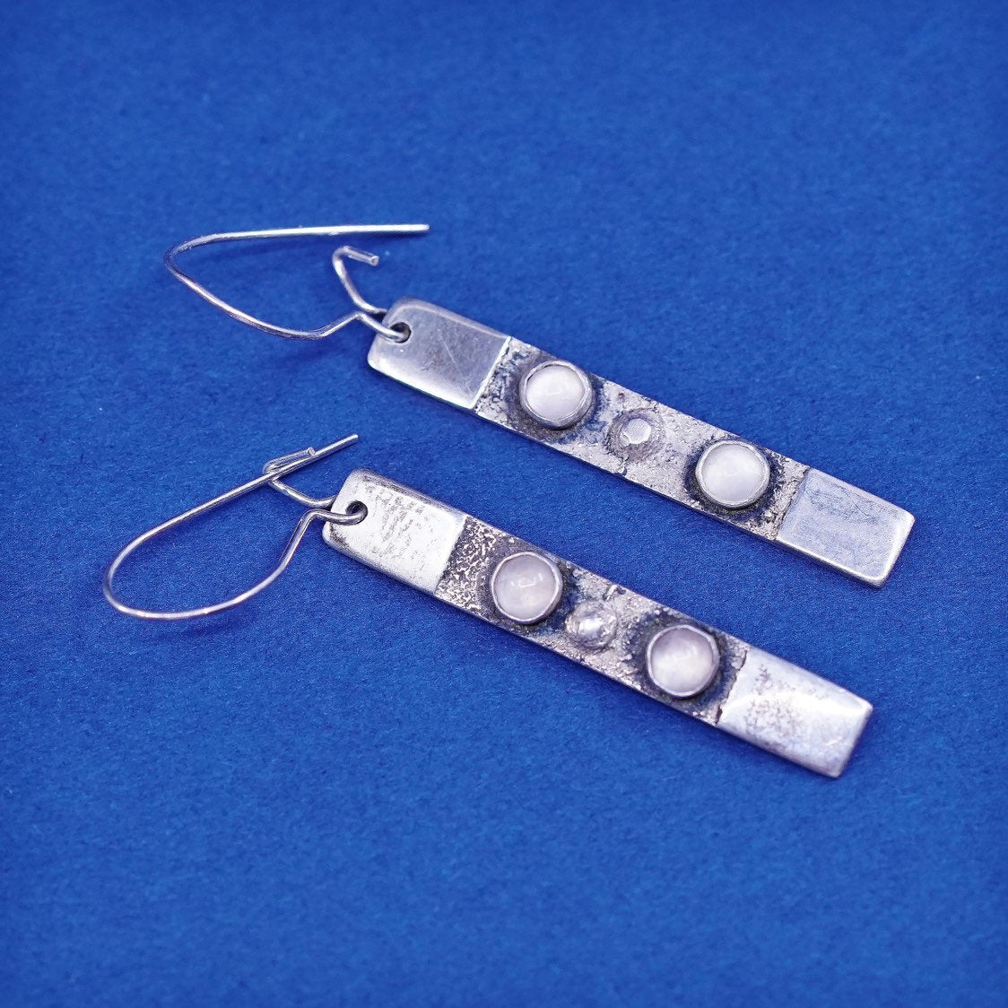 vtg IX sterling silver handmade earrings, 925 tag w/ pink quartz drops