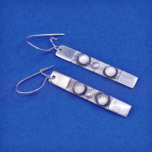 vtg IX sterling silver handmade earrings, 925 tag w/ pink quartz drops