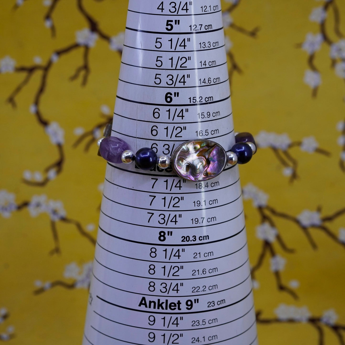 7”, Vintage Sterling silver handmade bracelet with abalone amethyst beads