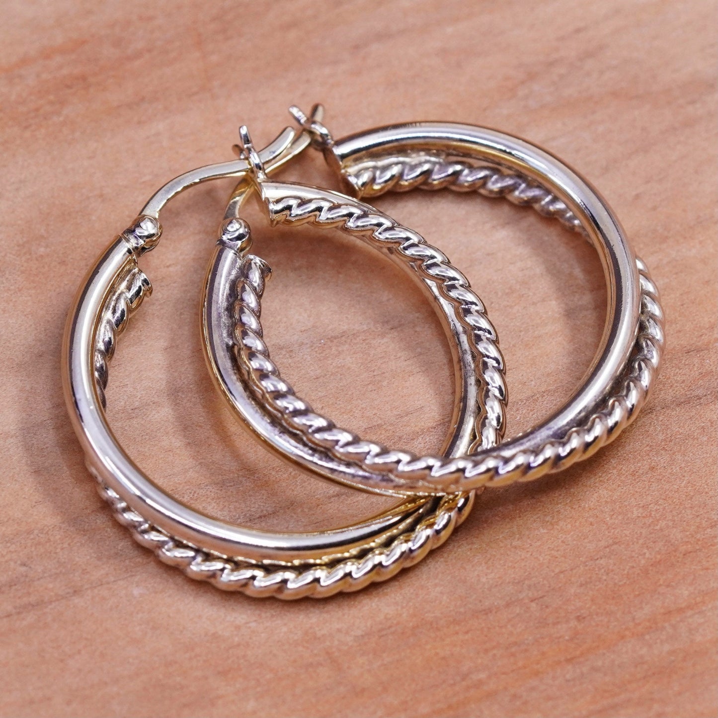 1”, vermeil gold over Sterling silver earrings, entwined 925 double hoops