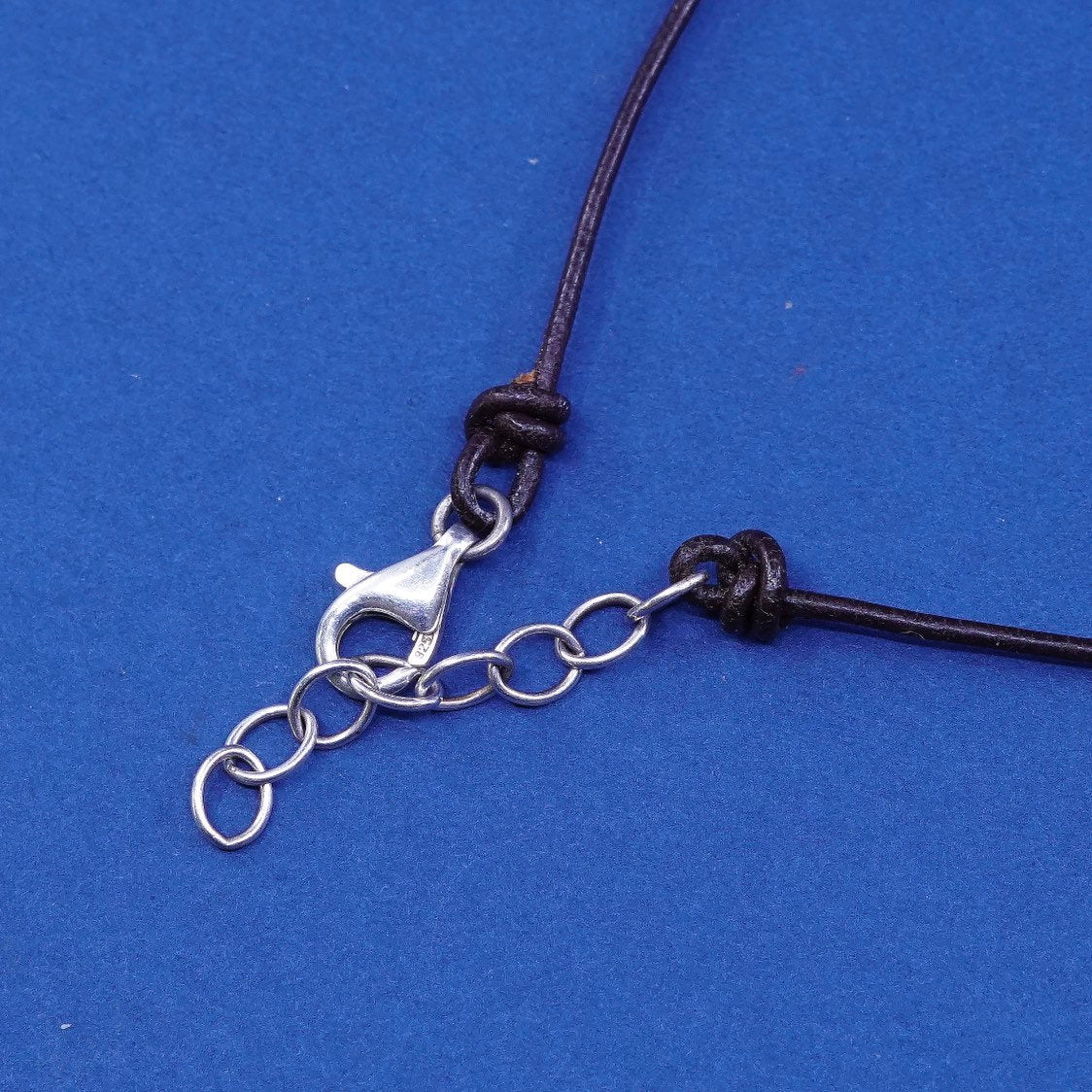 16” vtg Sterling Silver clasp with brown Leather Necklace w/ extension chain