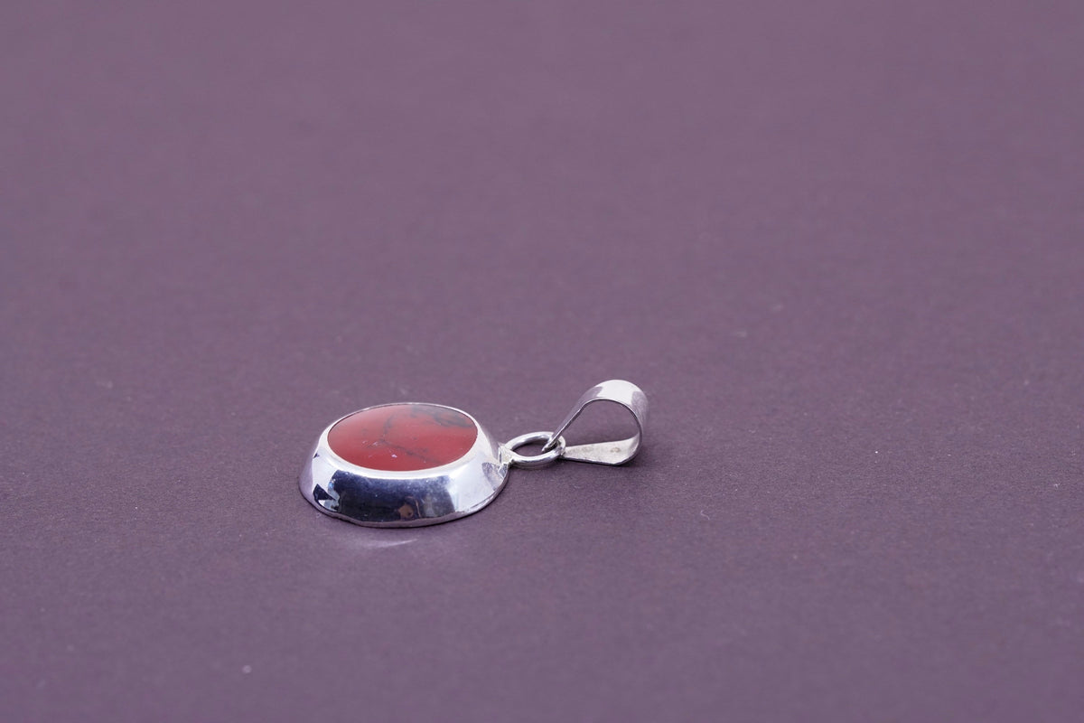 Vintage Sterling 925 silver handmade round pendant with red jasper