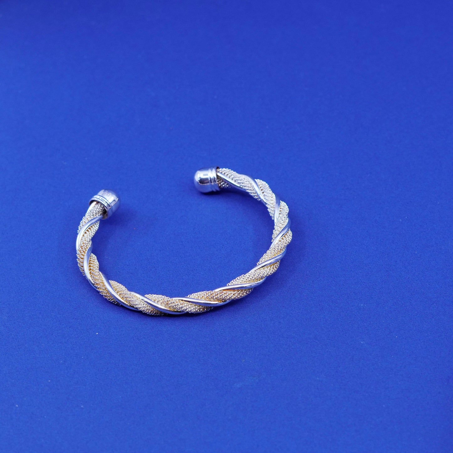 7”, sterling silver handmade bracelet, 925 twisted mesh cable cuff w/ beads end