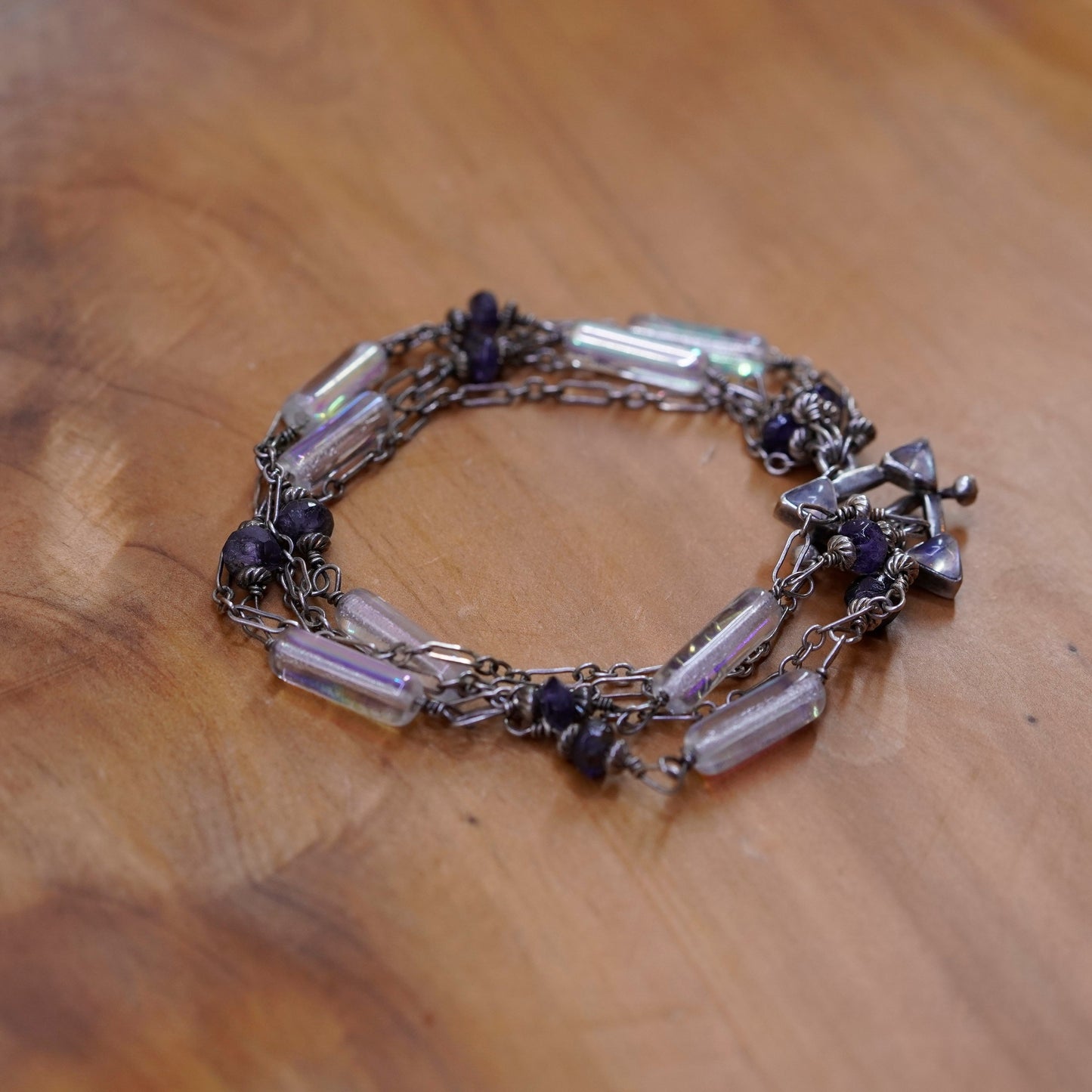 6.75”, Sterling silver handmade bracelet glass tube moonstone toggle closure