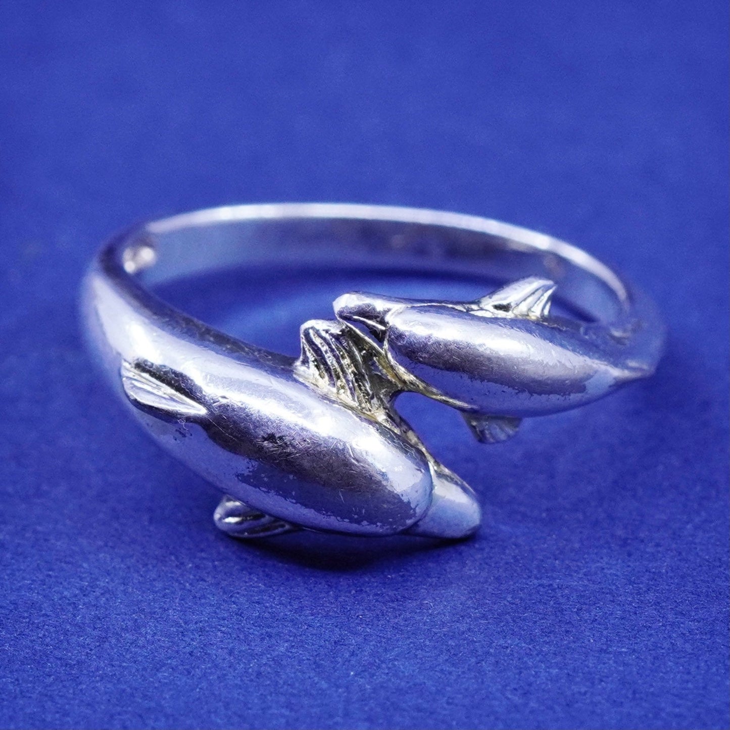 Size 7.25, vintage sterling silver handmade ring, 925 dolphin band
