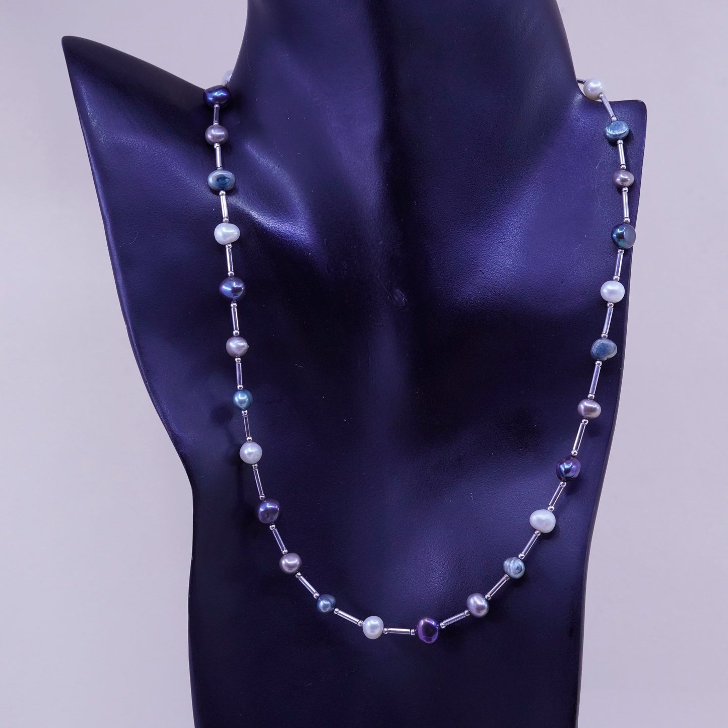 20”, Vintage genuine pearl beads necklace chain with sterling 925 silver bar