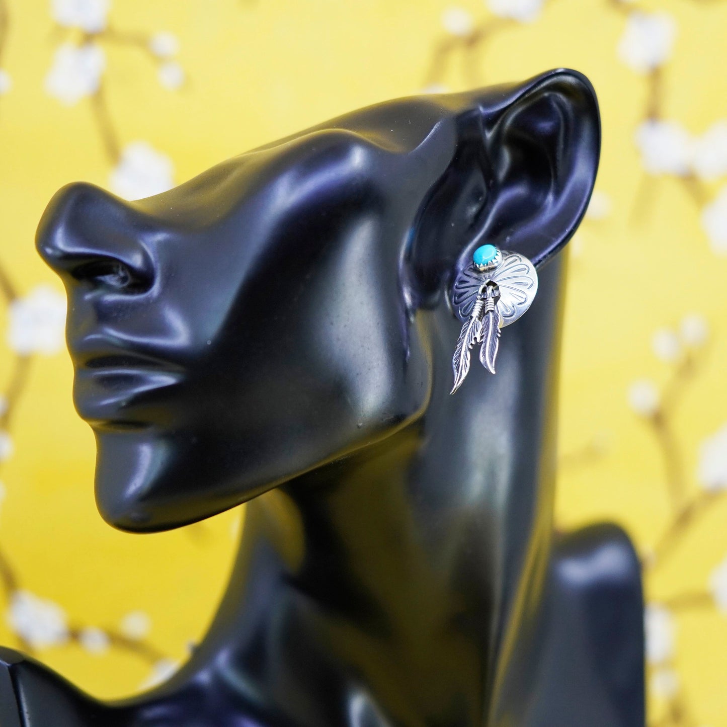 Vintage Sterling 925 silver handmade net earrings with turquoise and feather