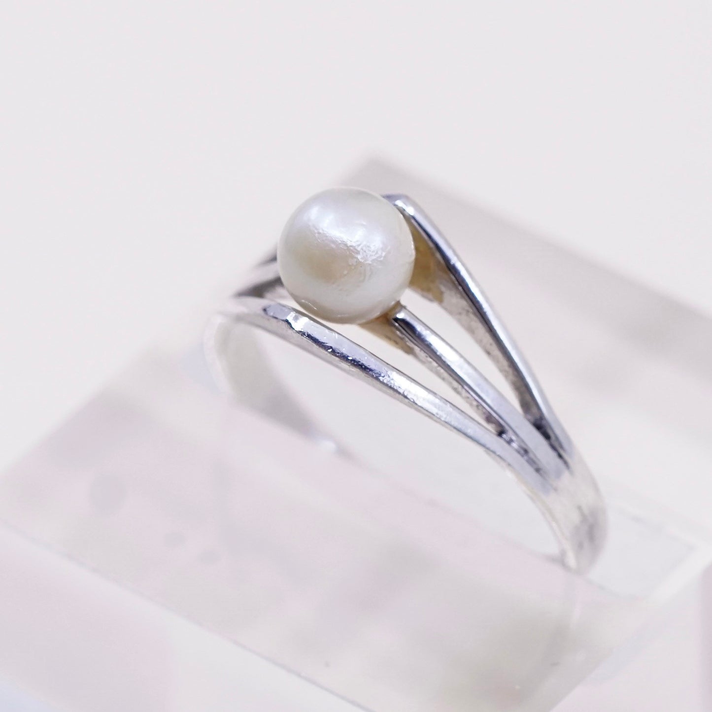 Size 8.25, vintage Sterling silver handmade ring, modern 925 band with pearl