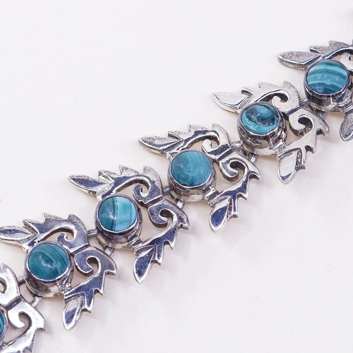 7”, VTG Sterling silver handmade bracelet, Mexico 950 w/ green malachite