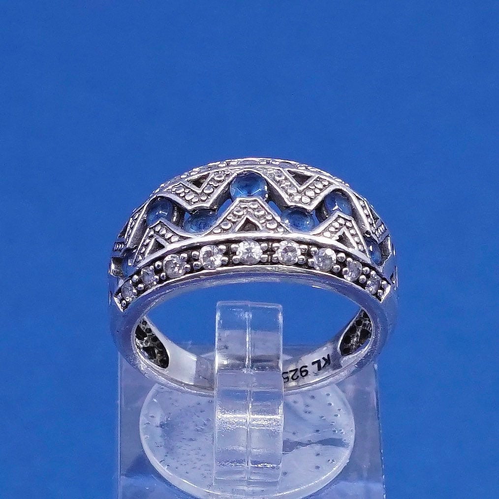 Size 6.25, vtg KL sterling silver ring, 925 w/ sapphire N crystal