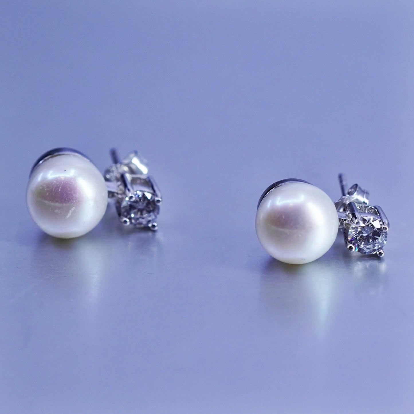 8mm, Vintage Sterling 925 silver handmade earrings, studs with pearl and cz