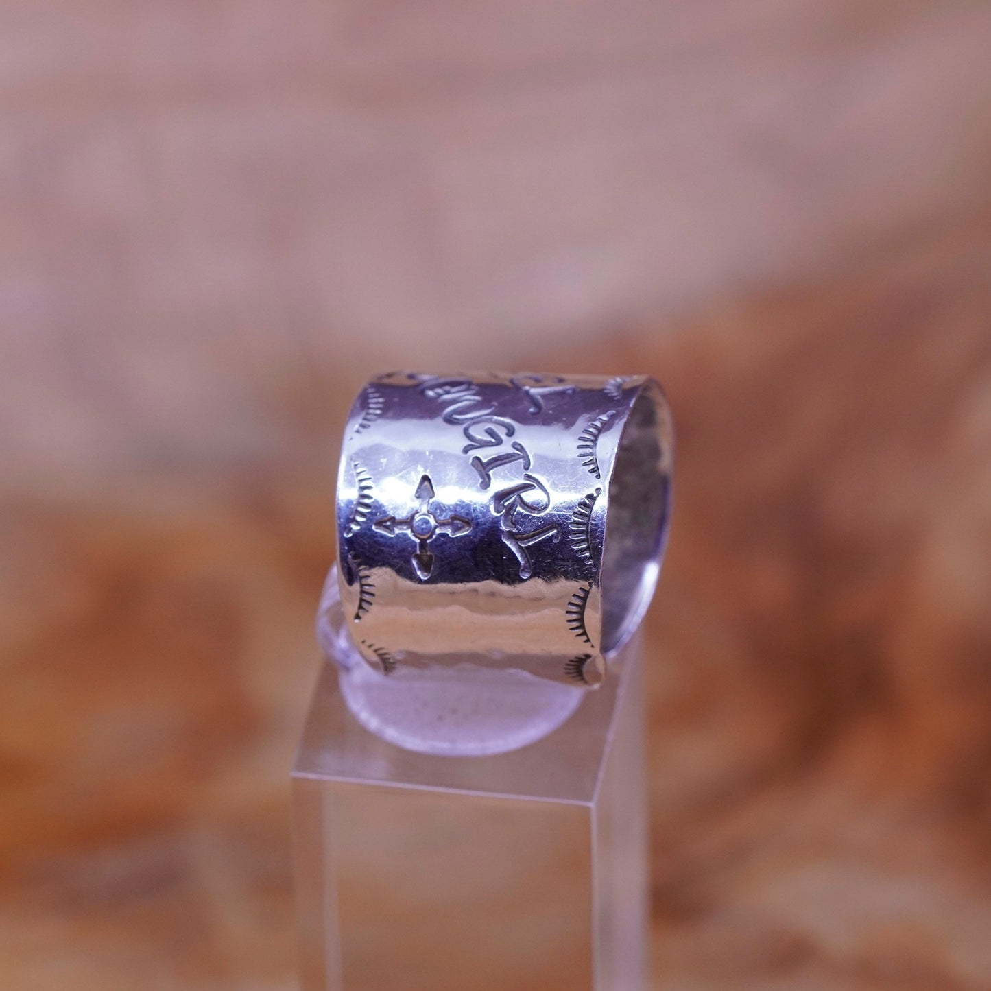 Size 7, Navajo Sterling silver handmade ring, wide 925 band “steel cowgirl”