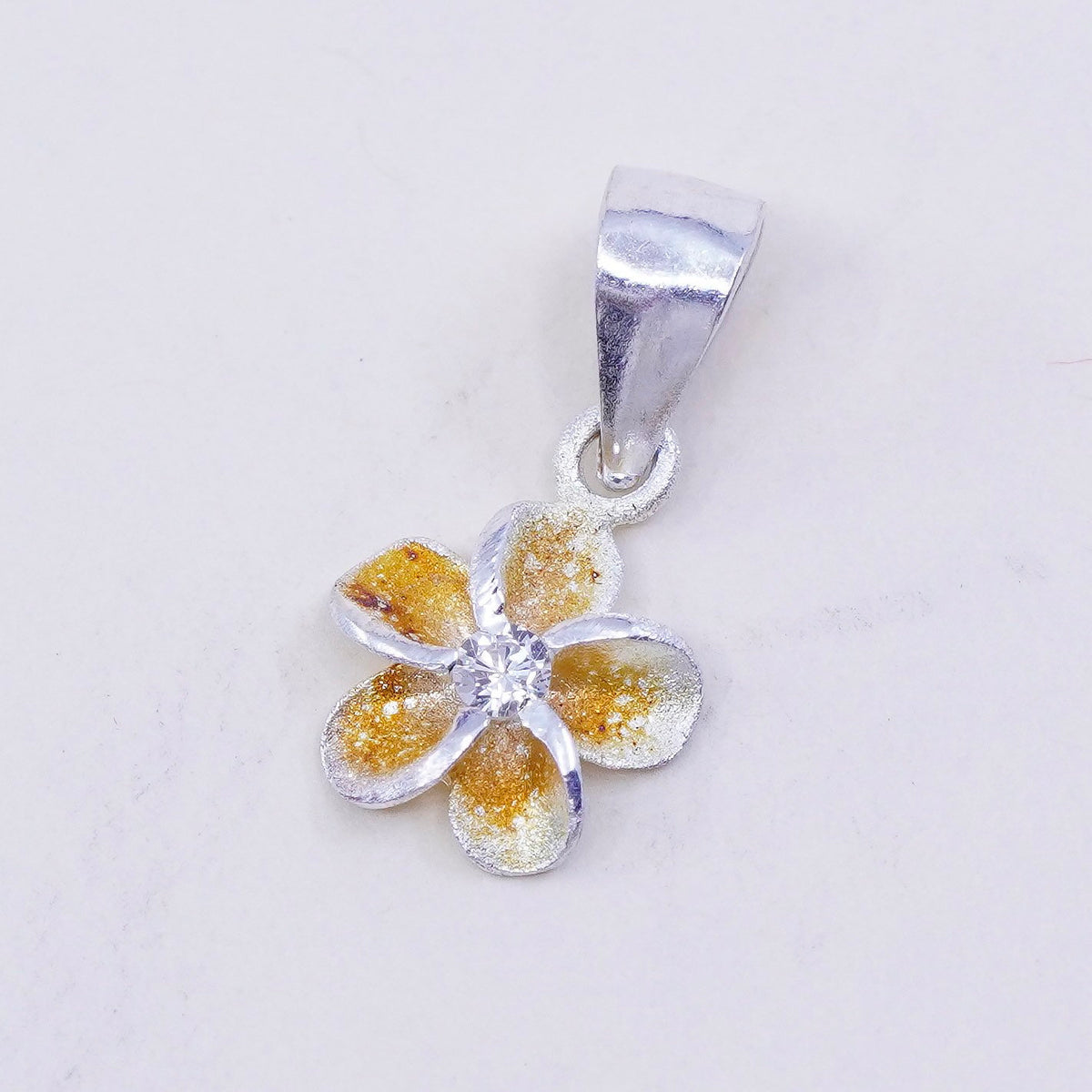 Vintage Sterling silver handmade pendant, 925 plumeria flower charm with Cz