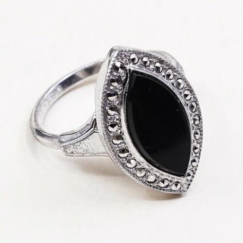 Sz 6.5, Vtg theda Sterling Silver Handmade Ring, 925 Band W Obsidian N marcasite