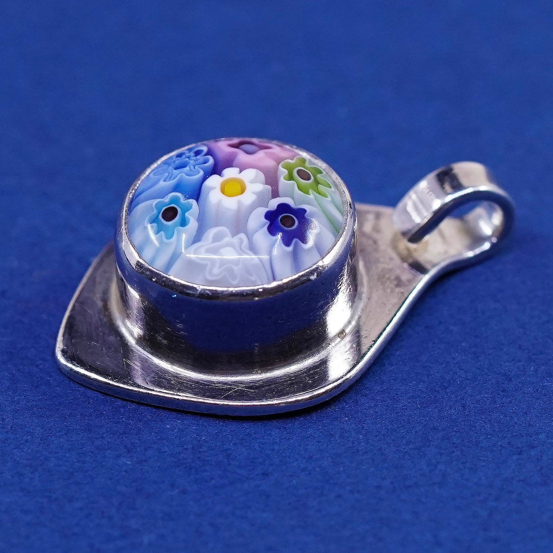 vtg handmade sterling silver tag, 925 w/ multiciori pendant, murano glass