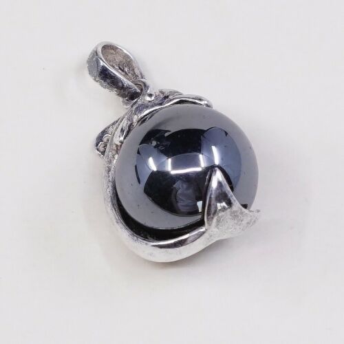 Vtg 925 Sterling Silver Handmade dolphin Pendant W/ Hematite Bead