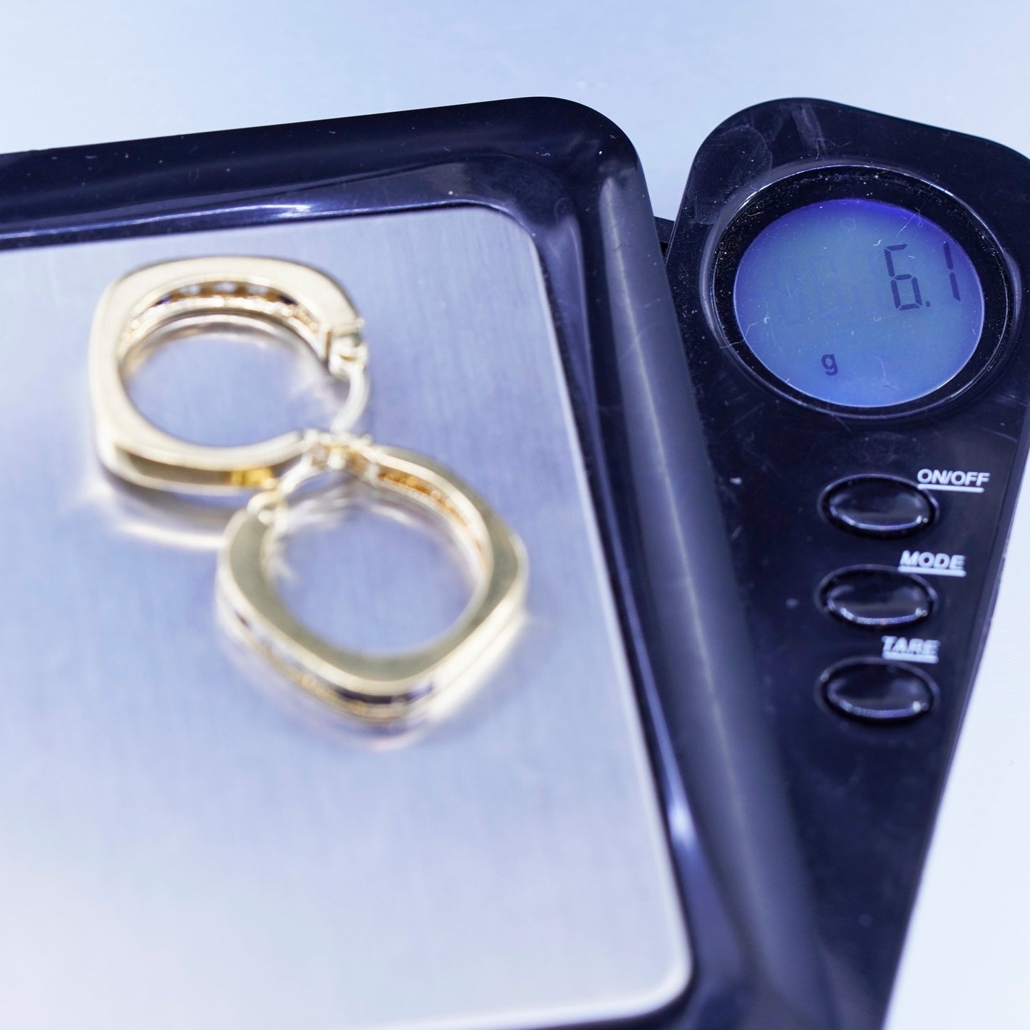 0.75”, vermeil gold over Sterling silver earrings, square 925 hoops sapphire cz