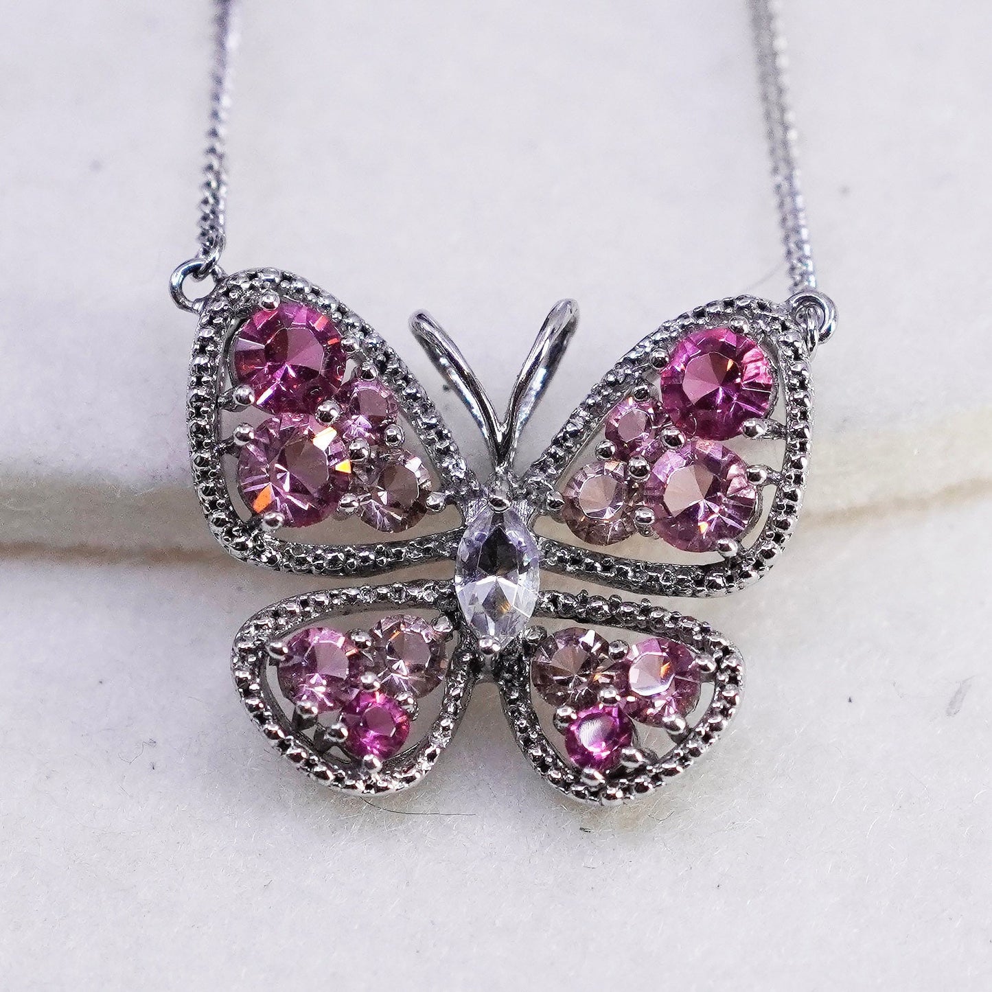 18”, Sterling 925 silver handmade flatten circle necklace butterfly pendant Cz