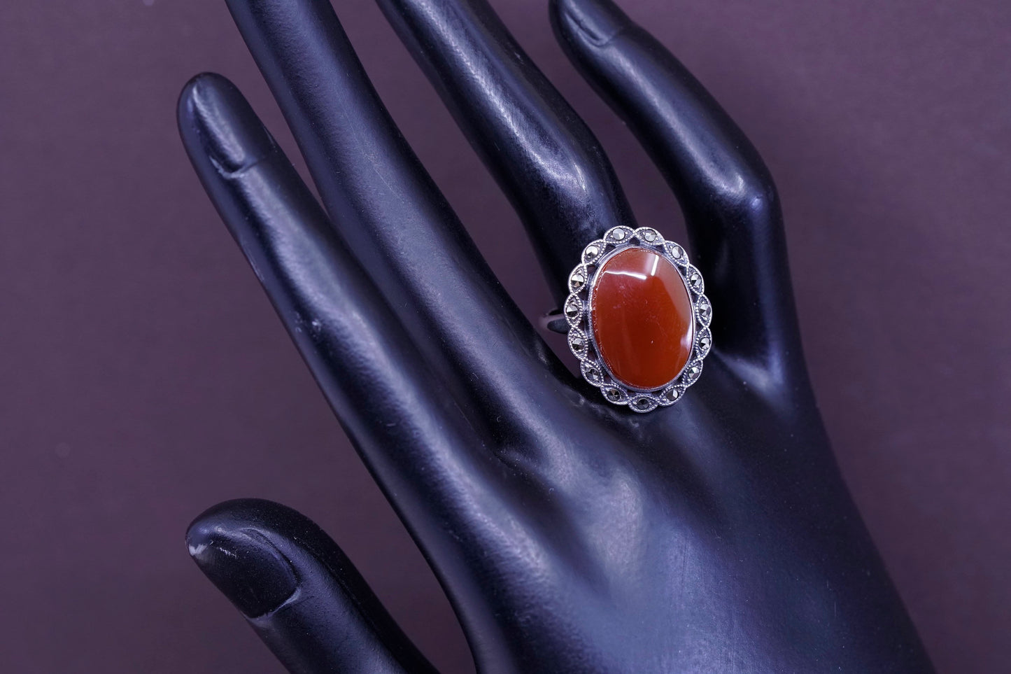 Size 9, vtg Sterling silver handmade flower ring with carnelian and Marcasite