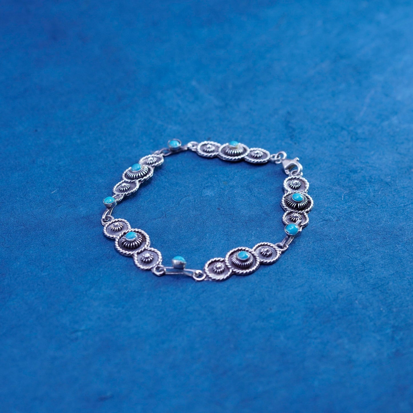 7”, vintage Sterling 925 silver handmade tennis bracelet with turquoise