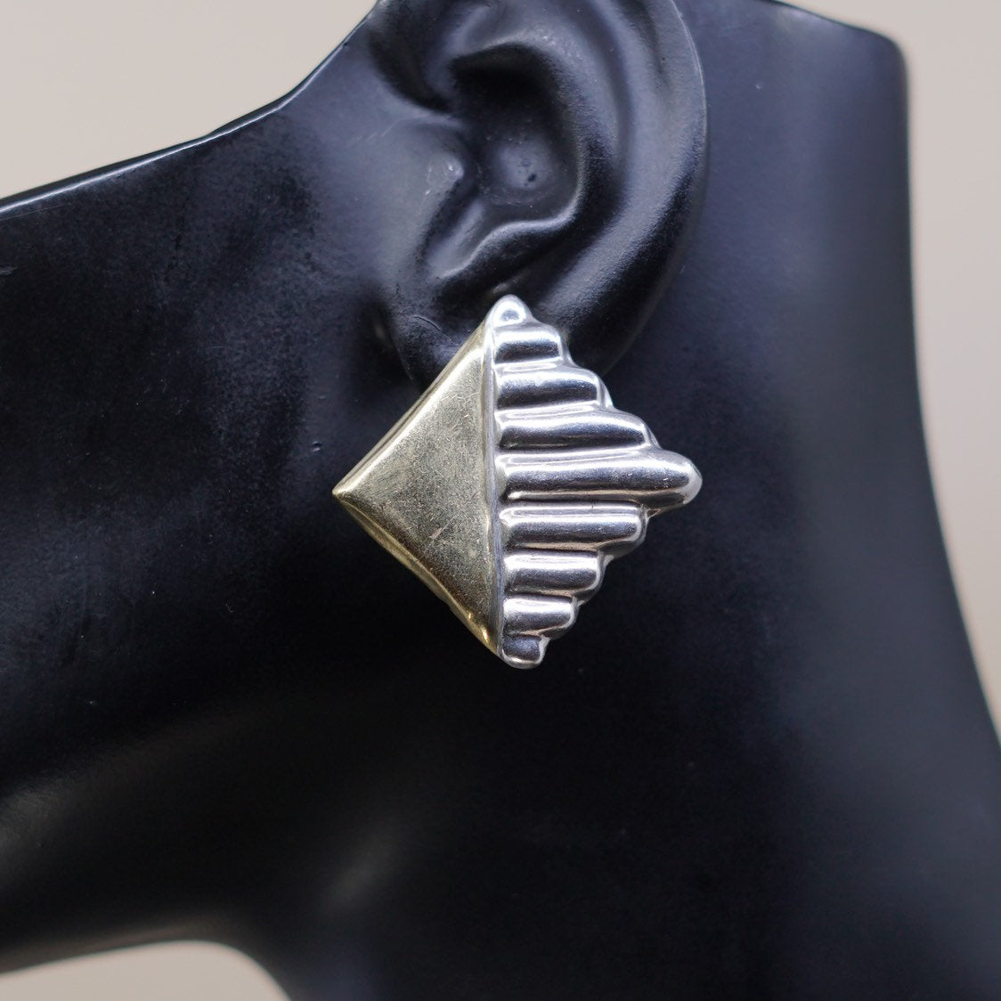 two tone Sterling silver handmade clip on, mexico 925 ribbed earrings w/ brass