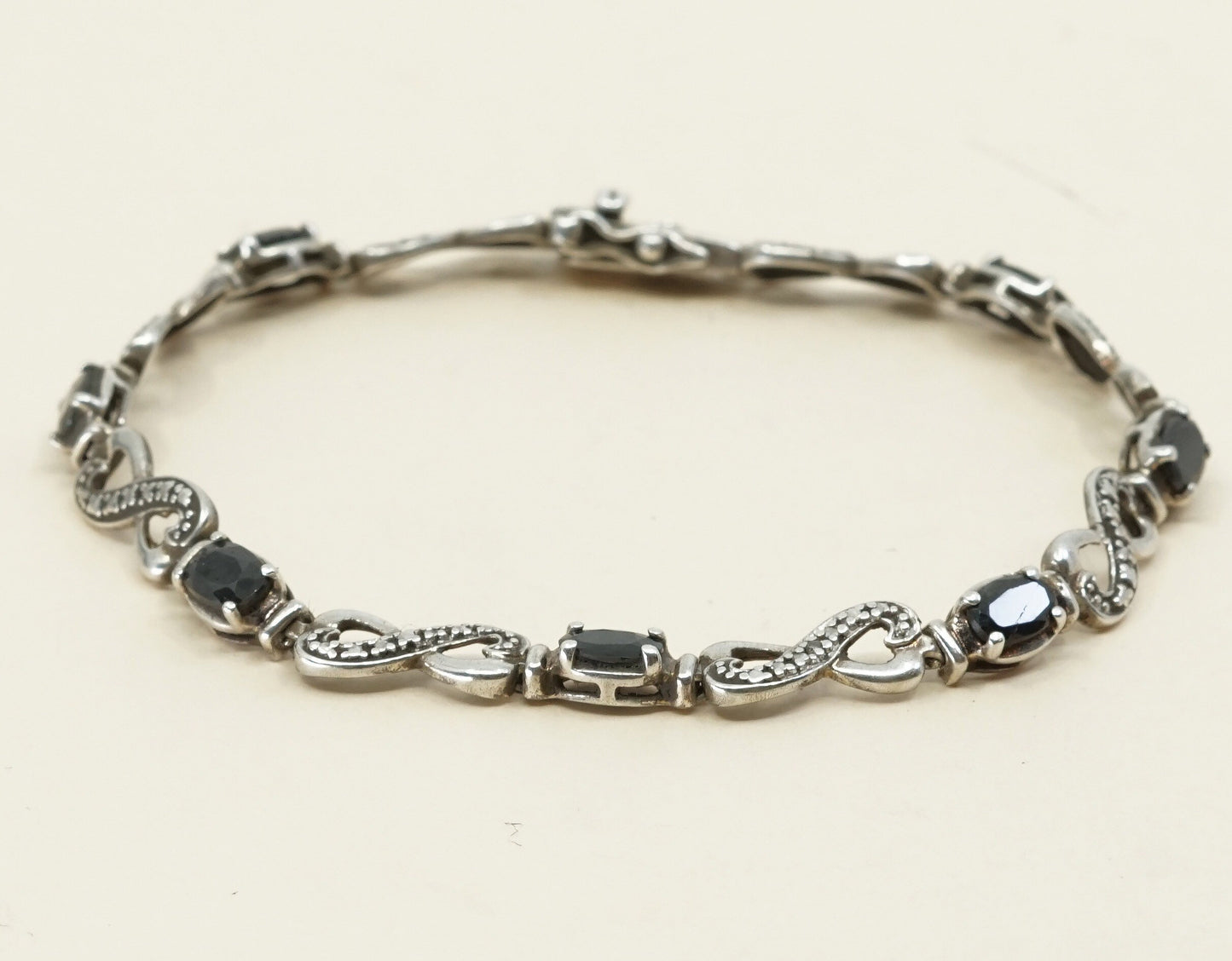 7.5” Vintage sterling 925 silver double heart with obsidian tennis bracelet