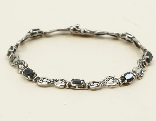 7.5” Vintage sterling 925 silver double heart with obsidian tennis bracelet