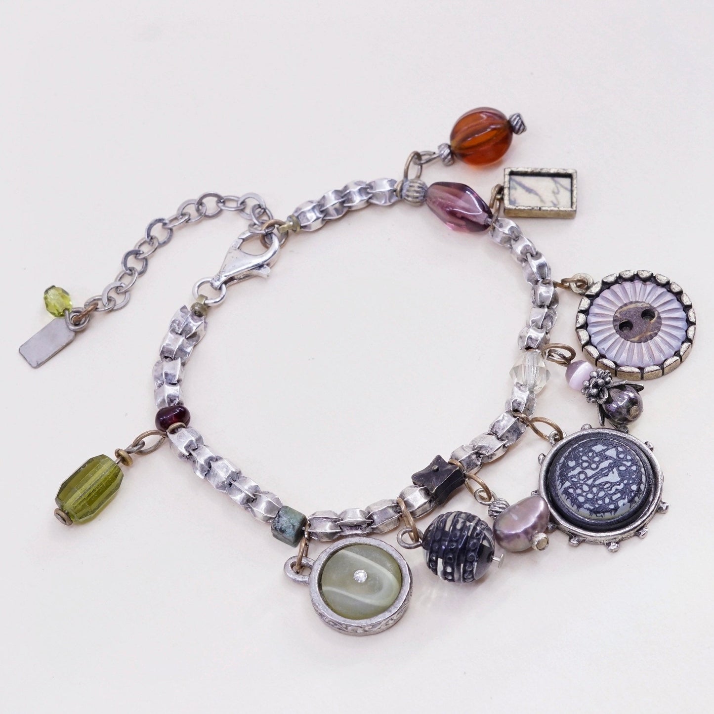 6.5+2”, vtg sterling 925 silver bead handmade bracelet w/ amber brass charms