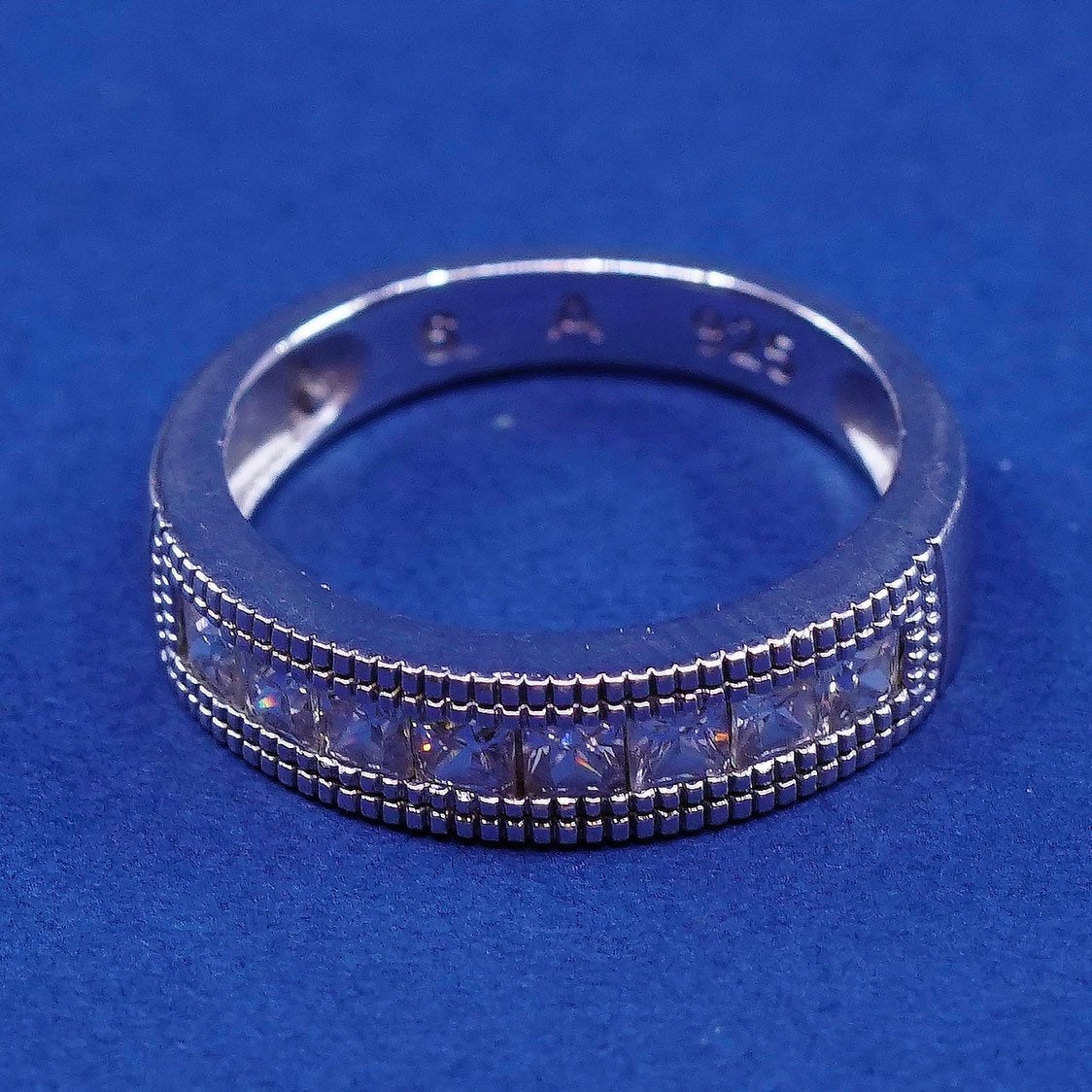 sz 6, vtg Sterling silver wedding ring, 925 band w/ clear crystal