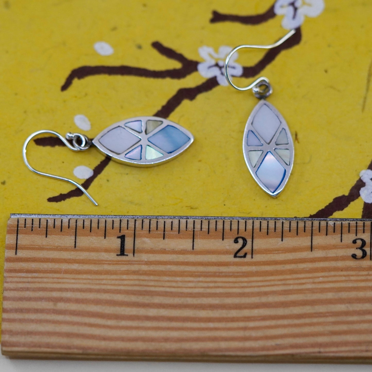 Sterling silver handmade earrings, 925 marquise shaped dangles mother of pearl