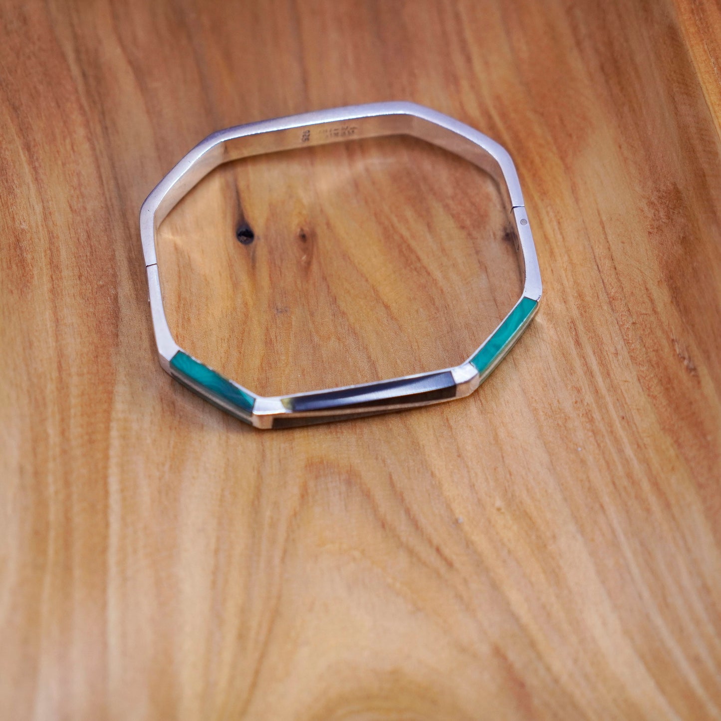 7”, Sterling silver handmade bracelet, Mexico 925 hinged bangle malachite onyx