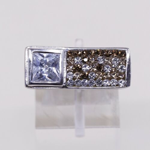 Sz 7, Vtg Sterling Silver Handmade Ring, 925 Silver Statement Band W/ Cluster Cz