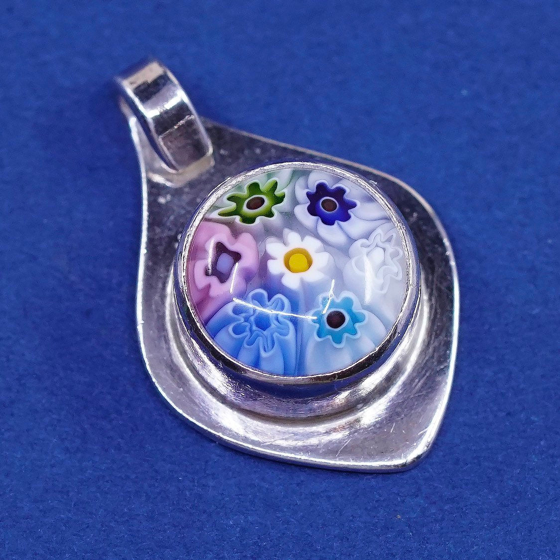 vtg handmade sterling silver tag, 925 w/ multiciori pendant, murano glass