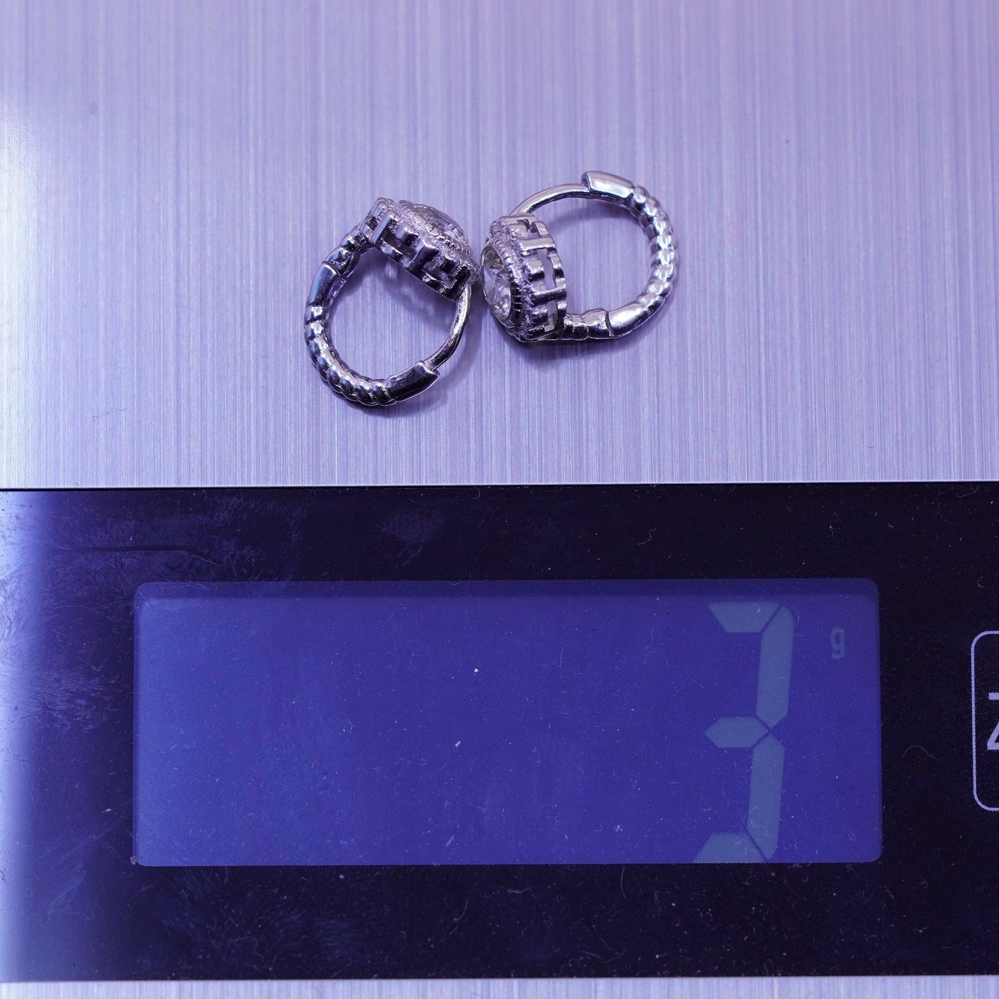 0.5”, Vintage sterling silver earrings, 925 hoops, huggie, with cz flower