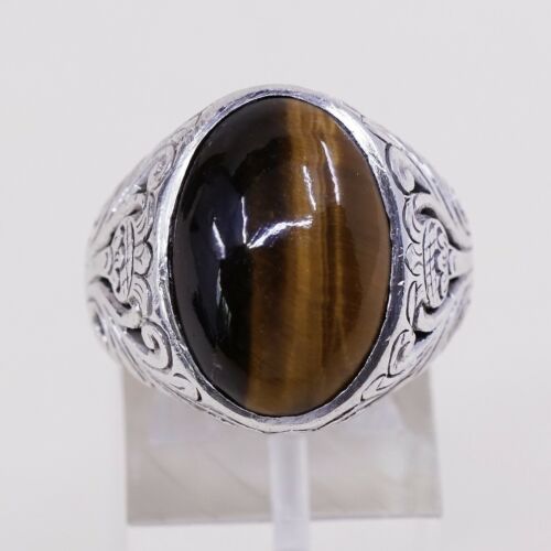 Sz 5, Vtg Handmade Sterling Silver Ring W/ Golden Tiger Eye N Filigree Details