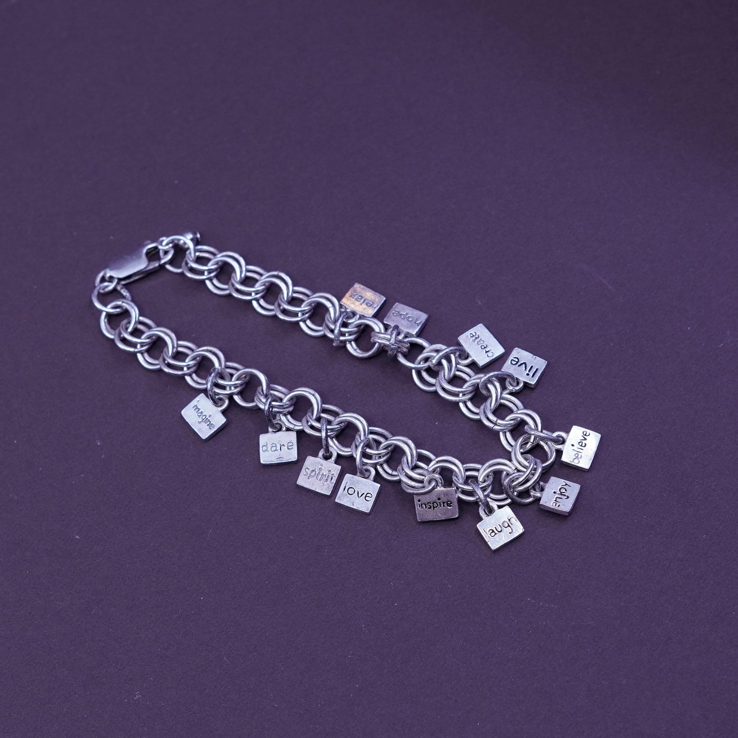 7.25”, vintage Sterling silver handmade charm bracelet, 925 double circle chain