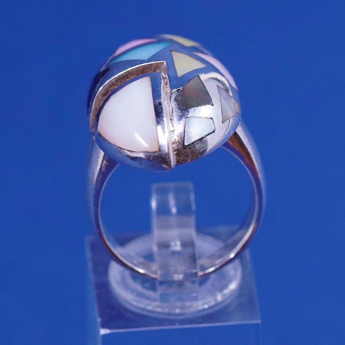 sz 8, vtg Sterling silver handmade swirl ring, 925 Statement ring w/ mother of pearl