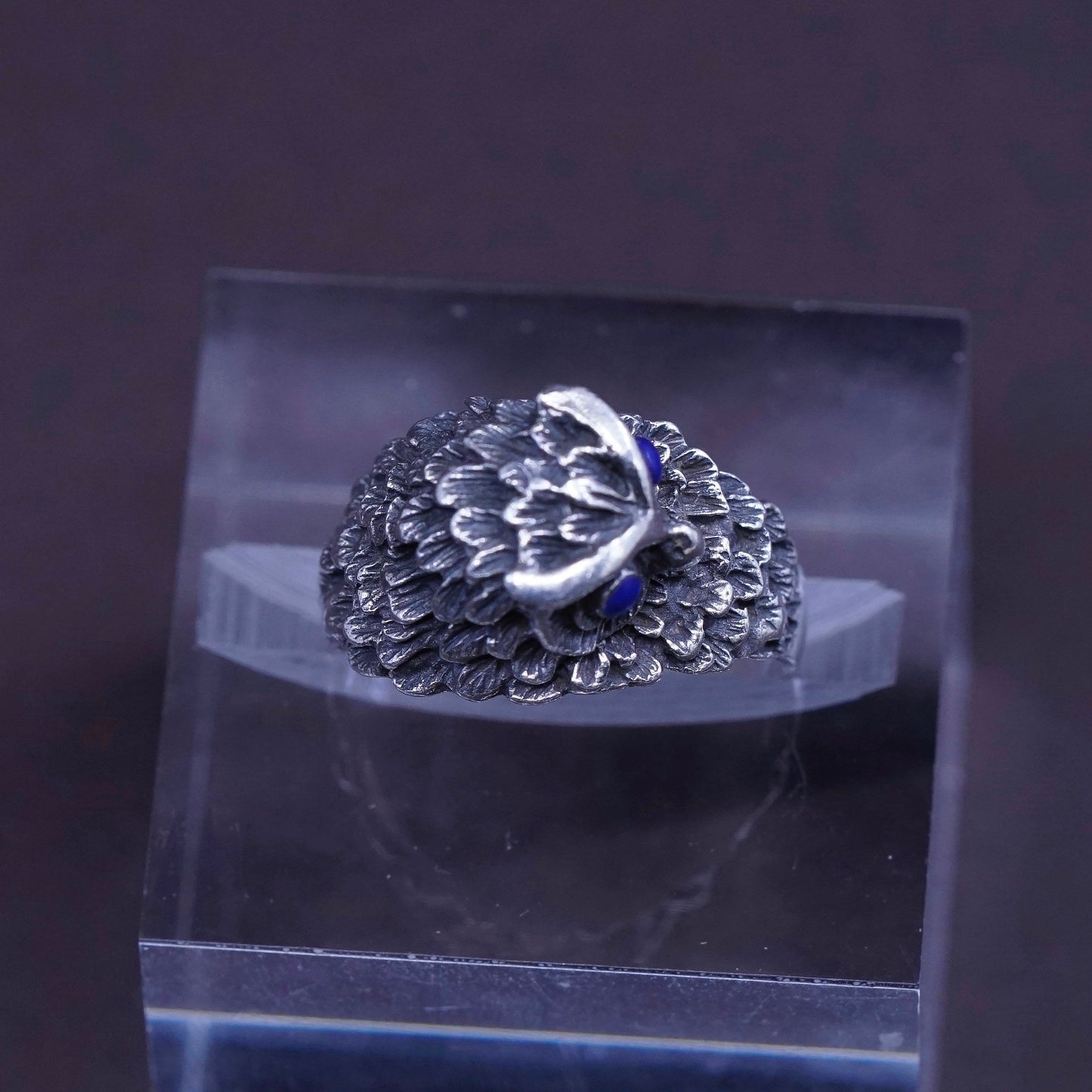 sz 6.25, vtg Sterling 925 silver handmade statement owl band ring w/ lapis