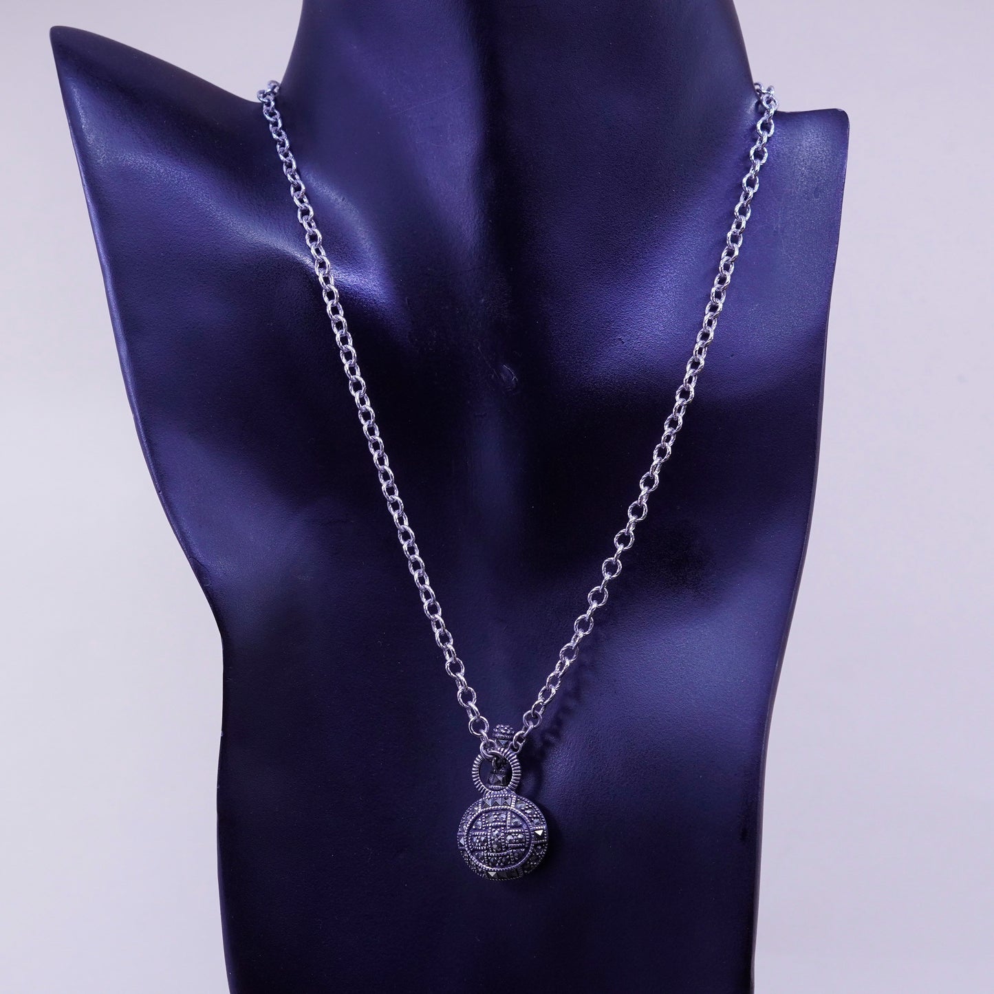 18”, Judith Jack Sterling silver necklace, 925 circle chain pendant marcasite