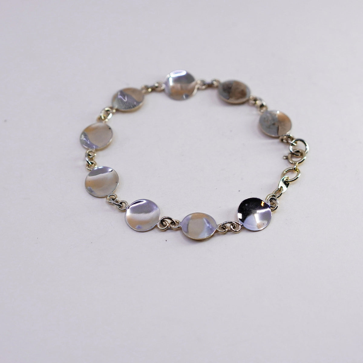 8”, Vintage vermeil gold over sterling 925 silver charm bracelet w/ circle disc