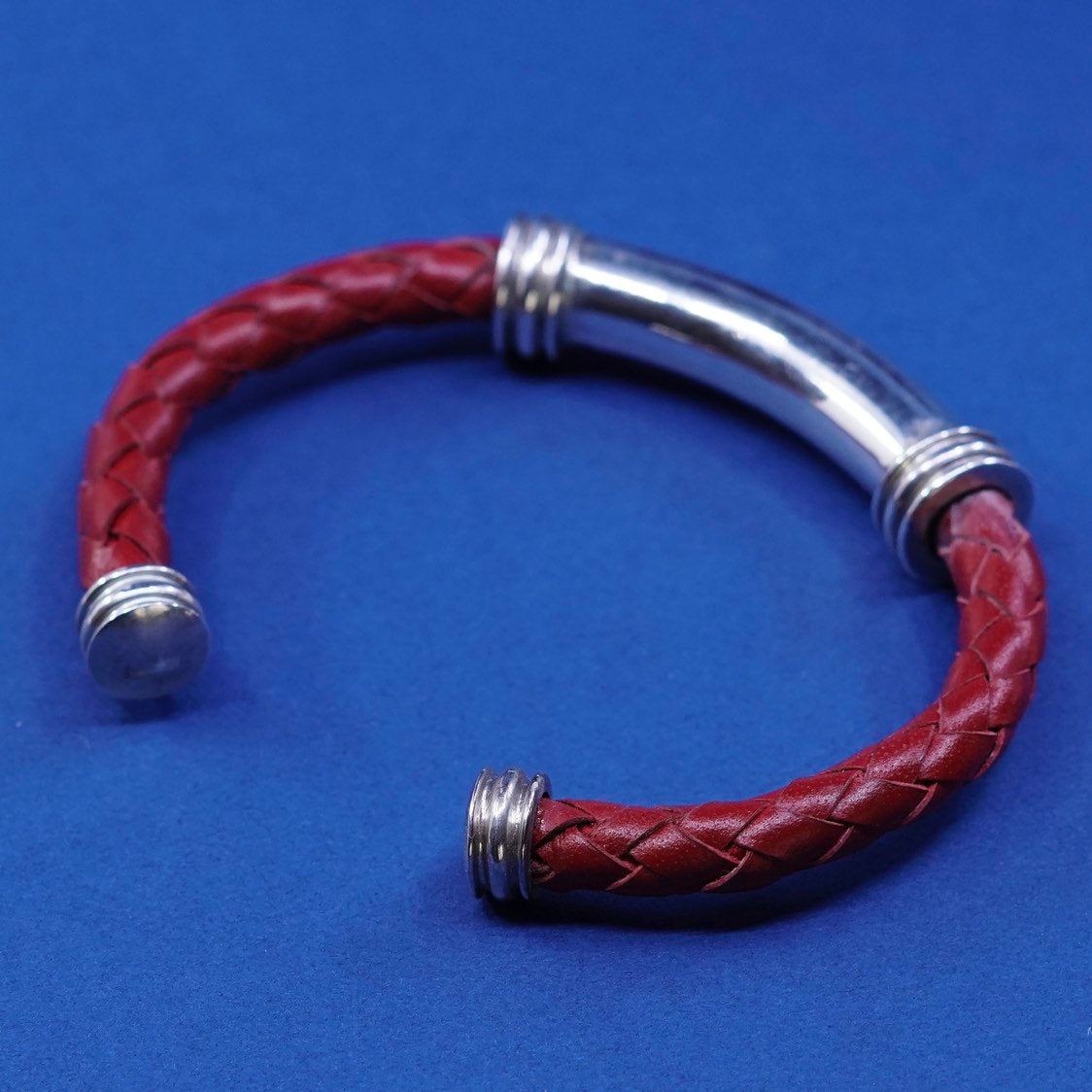 6.25", vtg ESPO Sterling silver handmade bracelet, 925 cuff braided red leather