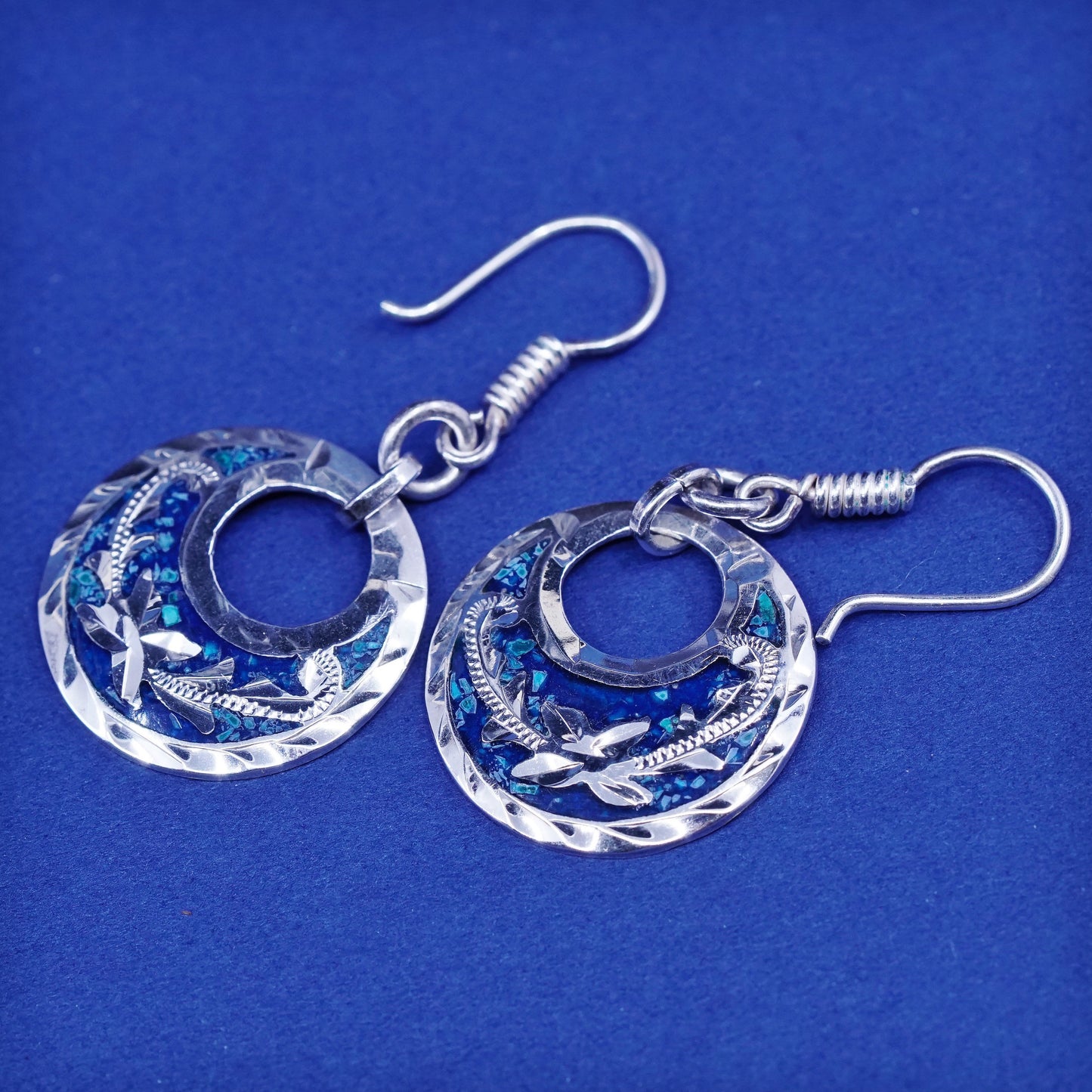 Vintage Mexico Sterling silver handmade earrings, 925 circle with turquoise