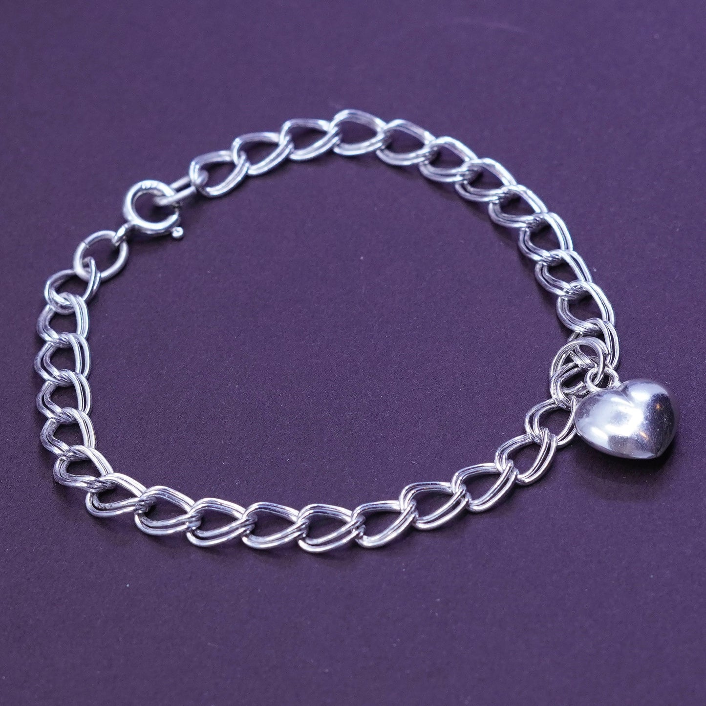 7”, vintage Sterling silver handmade double curb chain, 925 bracelet w/ hearts
