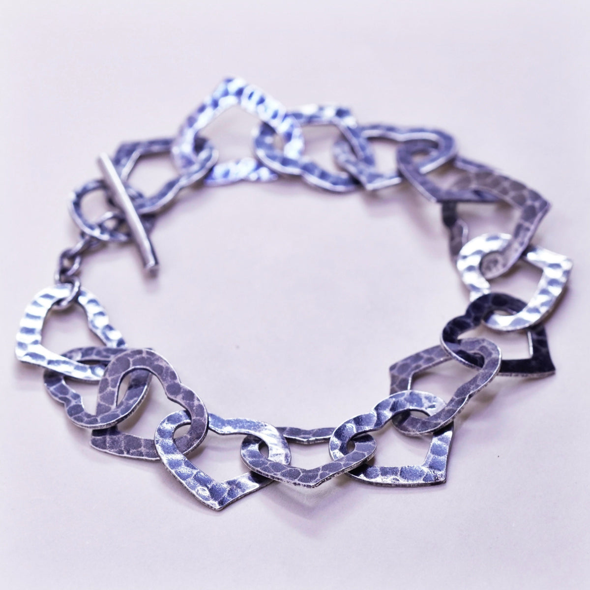 6.25”, Vintage sterling silver hammered oxidized heart bracelet, 925 chain