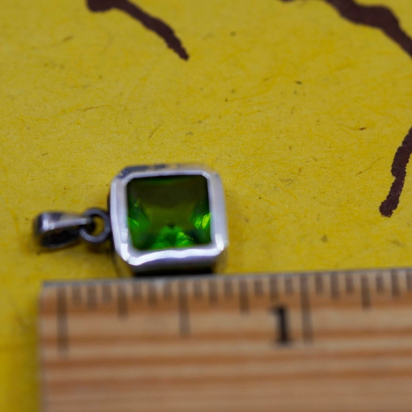 Vintage Sterling silver handmade pendant, 925 square with green crystal