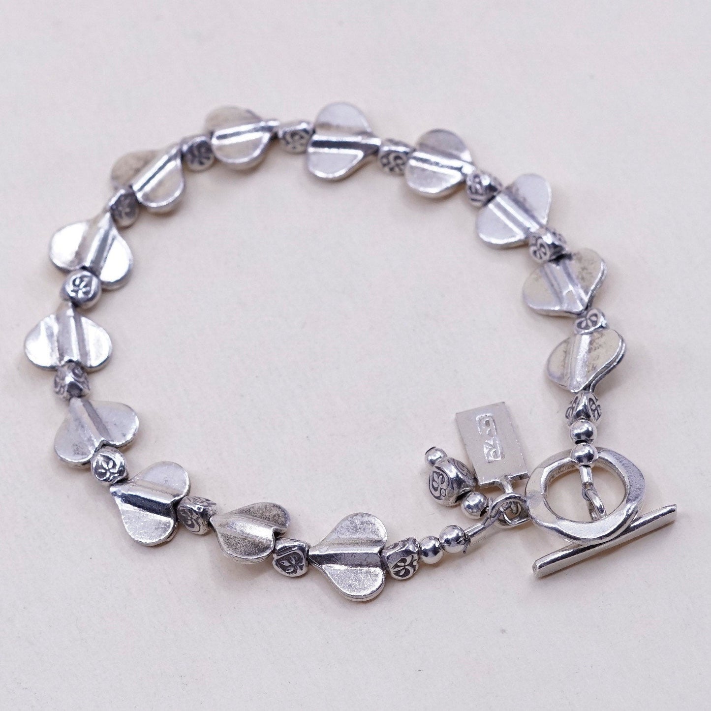 7”, Vintage Native American sterling silver bracelet, 925 heart link chain