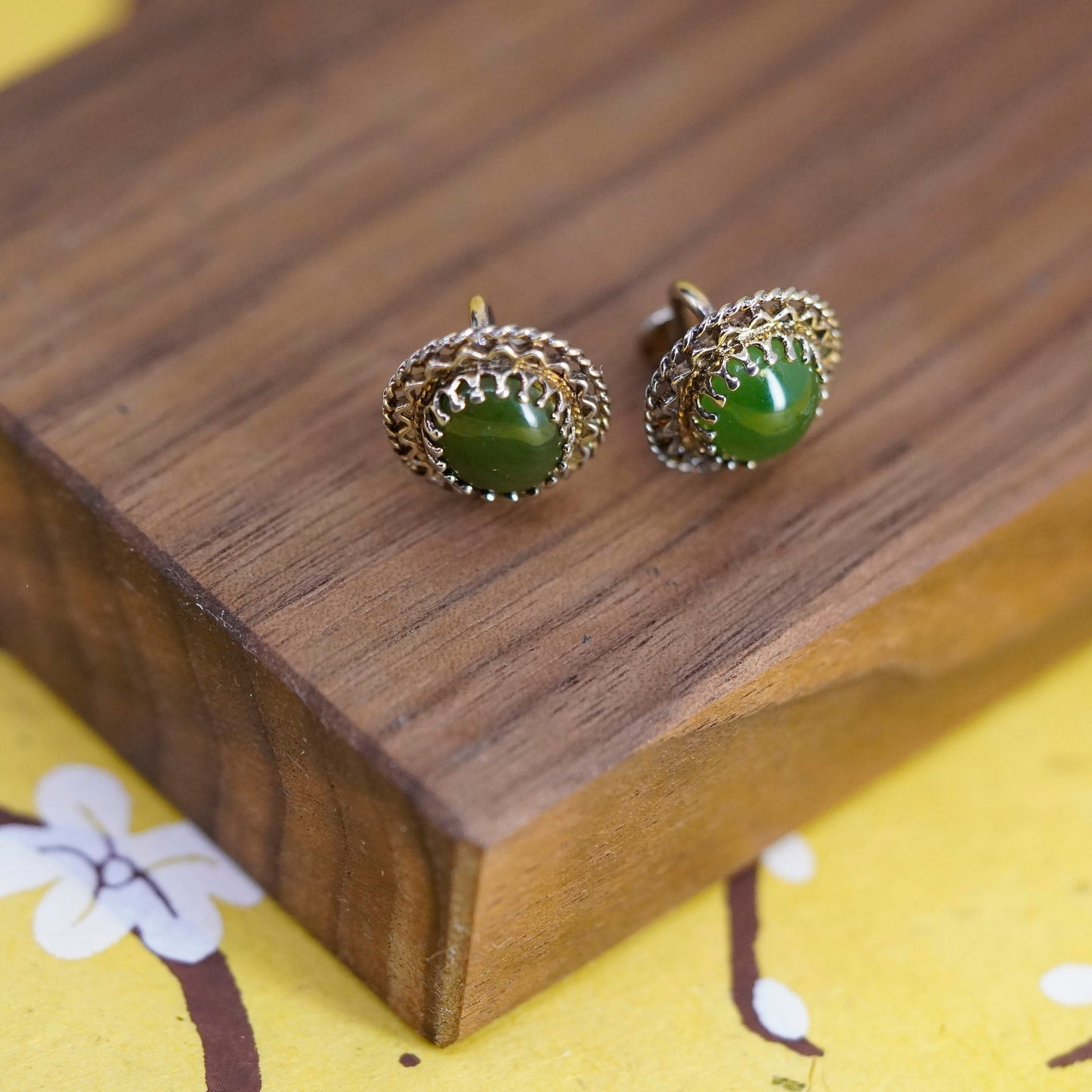 vermeil gold Sterling silver handmade screw back earrings, 925 filigree jade